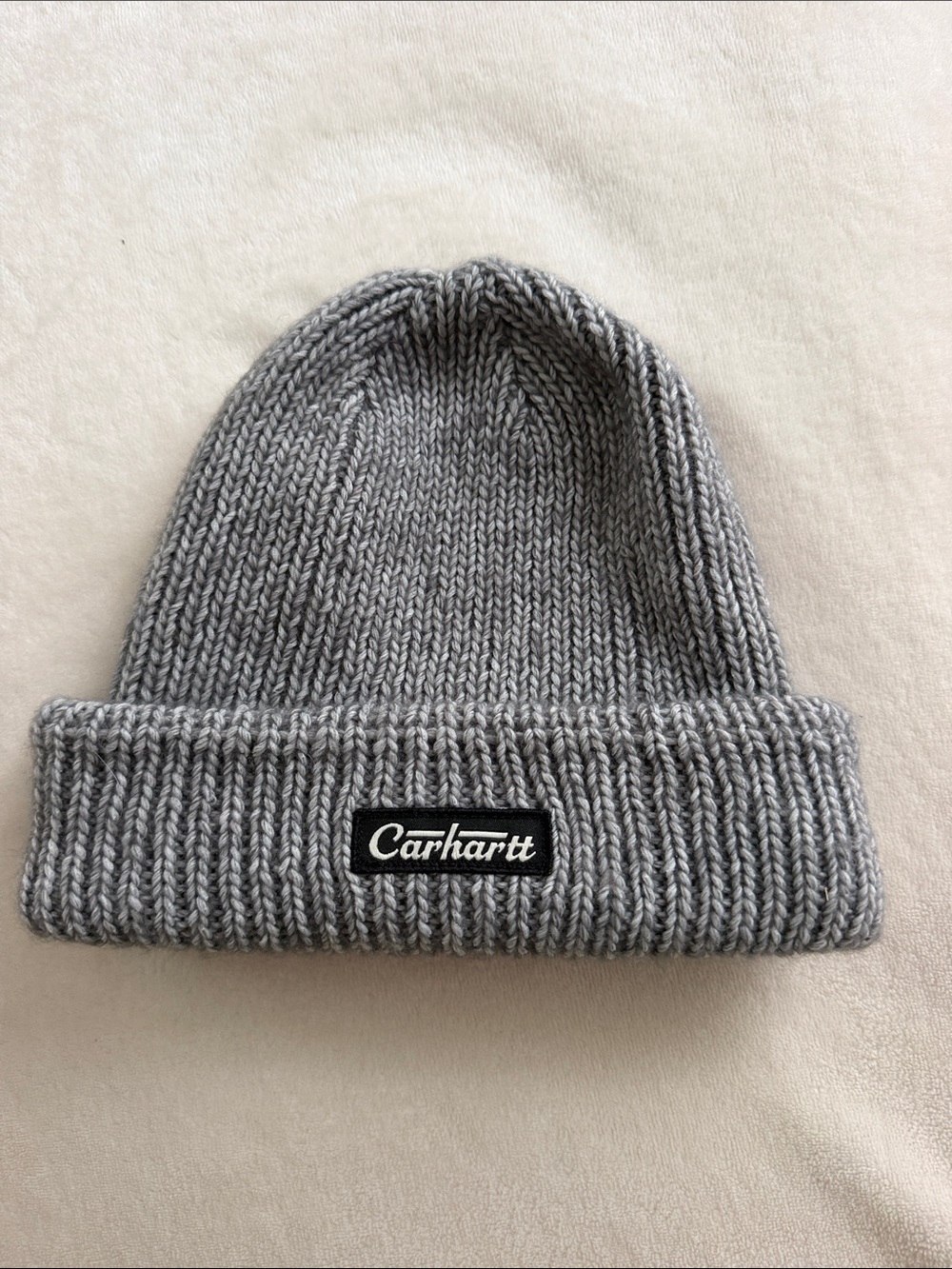 Vintage Carhartt Gray Rib Knit Cuffed Beanie with Logo Patch